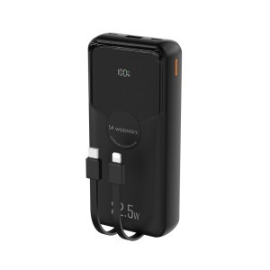 Wozinsky WFC-15B 20 000 mAh-s külső akkumulátor beépített Lightning- és USB-C-kábellel, fekete powerbank
