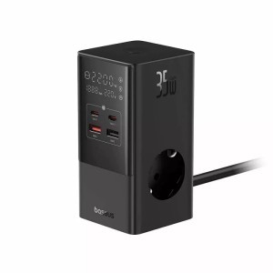 Baseus PowerCombo elosztó, 35 W, 5 A, 3 Schuko, 2 USB-A, 2 USB-C, fekete (E00023606113-00)