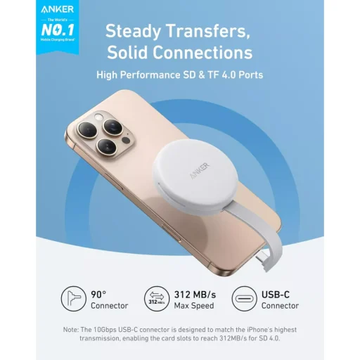 Anker MagGo USB-C kártyaolvasó, Apple iPhone USB-C, SD - microSD, Fehér A83D1G21 - 6