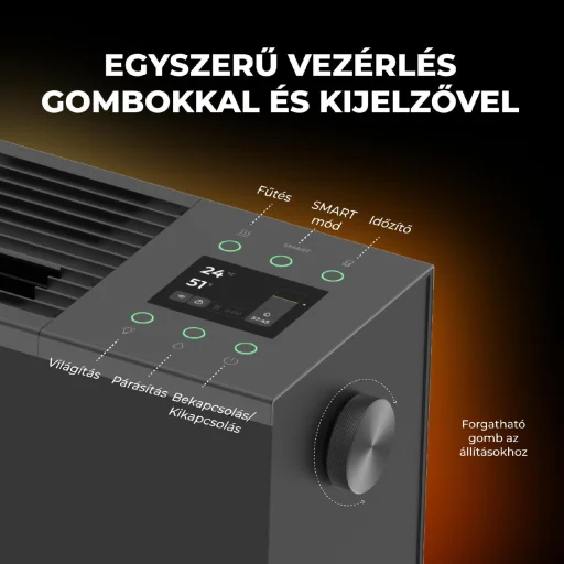 AENO AFH0002S prémium Eco Smart konvekciós fűtőkészülék, 2000 W, távolról vezérelhető, 2 fokozat, lángeffekt, 2 literes tartály, IPS kijelző, fekete - 2