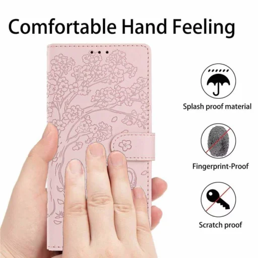 Honor Magic8 Lite reliéfne vyklápacie puzdro z vegánskej kože s motívom stromu a mačky (ružovozlaté) - 7