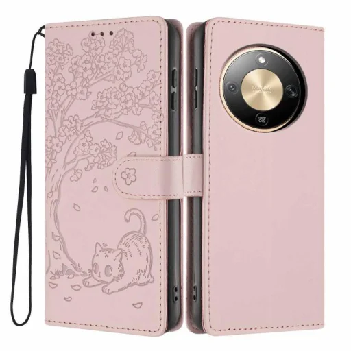 Honor Magic8 Lite reliéfne vyklápacie puzdro z vegánskej kože s motívom stromu a mačky (ružovozlaté) - 1