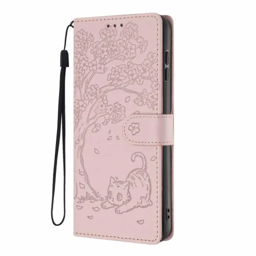 Honor Magic8 Lite reliéfne vyklápacie puzdro z vegánskej kože s motívom stromu a mačky (ružovozlaté) - 2