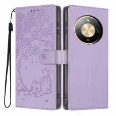 Honor Magic8 Lite flipové puzdro na telefón z vegánskej kože s reliéfom drevenej mačky (fialové)