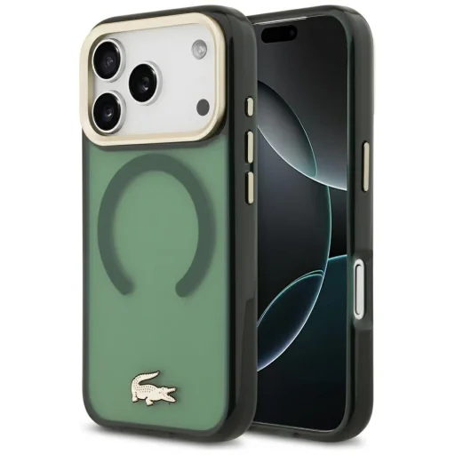 iPhone 17 Pro Lacoste nárazuvzdorné priehľadné matné puzdro MagSafe so zlatým logom vo farbe: sinopel - 1