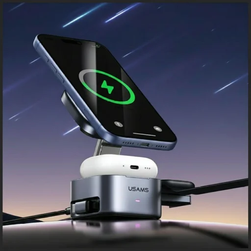 Nabíjacia stanica 3v1 Usams CD257 Qi2 sivá, bezdrôtová nabíjačka - 3