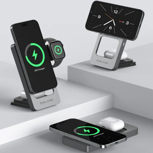 Blavec Indukčná nabíjačka BQI-05 Qi 15W magnetická Magsafe 3 v 1 UniCharge (BQI05-QIMS) strieborná - 2