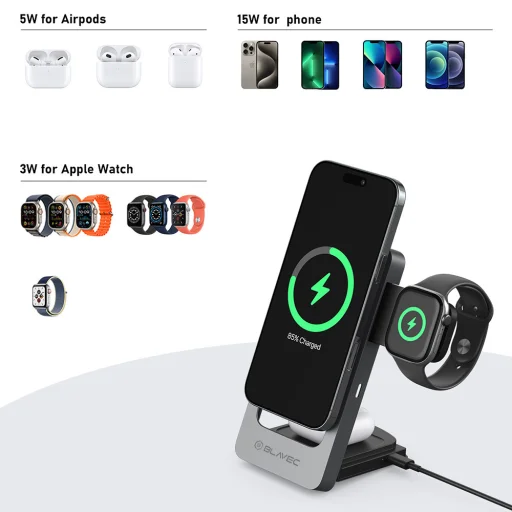 Blavec Indukčná nabíjačka BQI-05 Qi 15W magnetická Magsafe 3 v 1 UniCharge (BQI05-QIMS) strieborná - 4