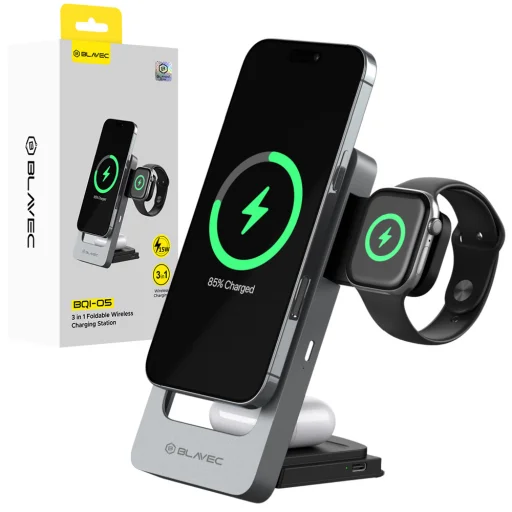 Blavec Indukčná nabíjačka BQI-05 Qi 15W magnetická Magsafe 3 v 1 UniCharge (BQI05-QIMS) strieborná - 1