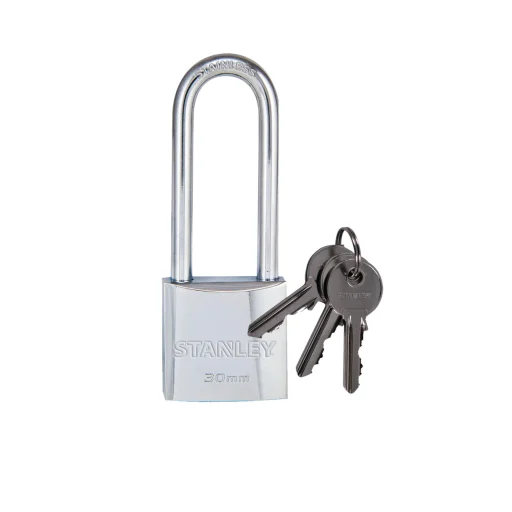 STANLEY S742-015 chrómovaný, masívny mosadzný visiaci zámok, 30 mm, s 3 kľúčmi, s dlhým strmeňom - 1