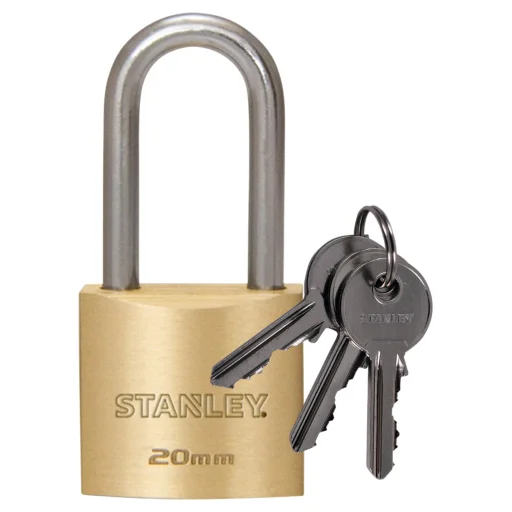 STANLEY S742-040 mosadzná visacia zámka, 20 mm, 3-kľúčová, s dvojito uzamykateľným strmeňom - 1