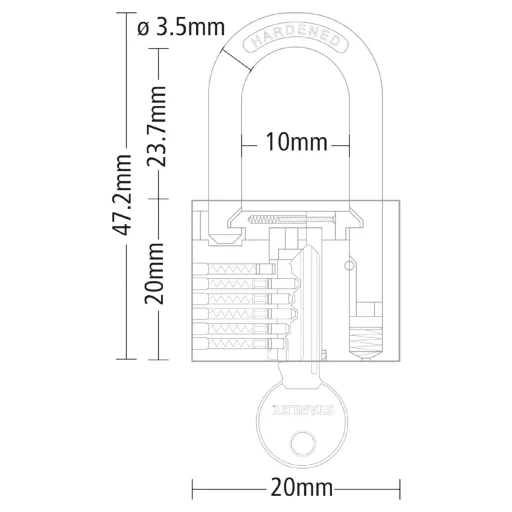 STANLEY S742-040 mosadzná visacia zámka, 20 mm, 3-kľúčová, s dvojito uzamykateľným strmeňom - 2