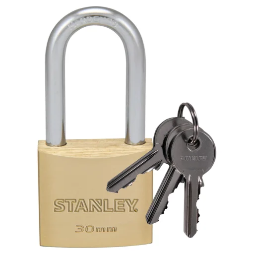STANLEY S742-042 mosadzný visiaci zámok, 30 mm, s 3 kľúčmi, dvojito istený strmeň - 1