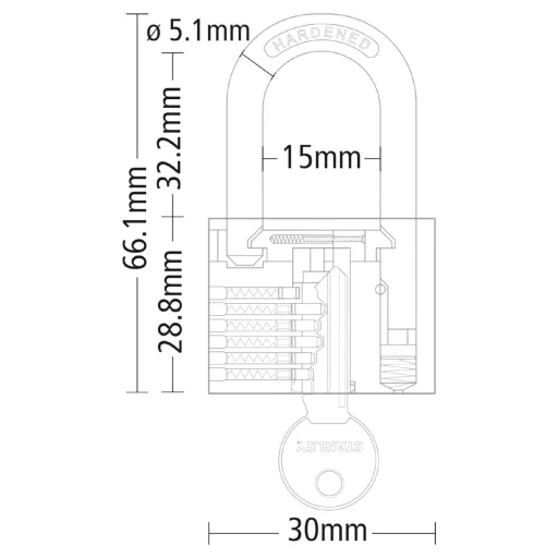 STANLEY S742-042 mosadzný visiaci zámok, 30 mm, s 3 kľúčmi, dvojito istený strmeň - 2