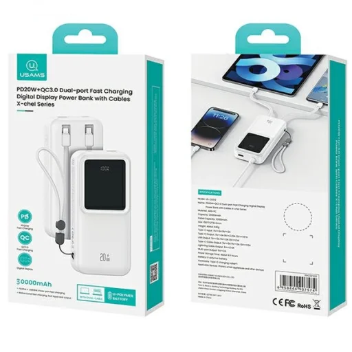 USAMS Powerbank so zabudovanými káblami USB-C+Lightning 30000 mAh 20W PD+Qc 3.0 Rýchle nabíjanie X-chel Seri - 9