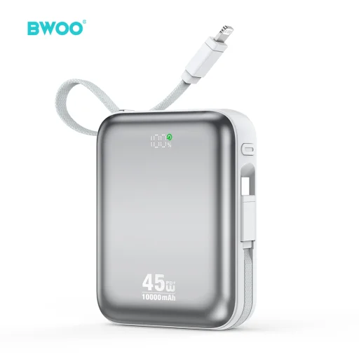 BWOO power bank P77 45W, 10000 mAh s káblom USB-C a Lightning, sivá - 1