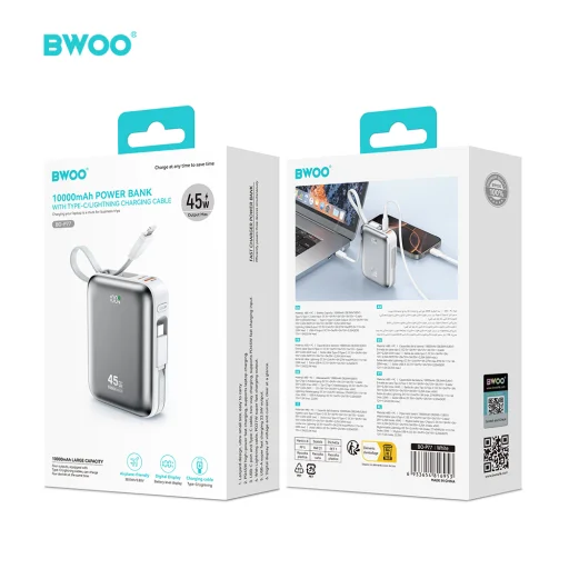BWOO power bank P77 45W, 10000 mAh s káblom USB-C a Lightning, sivá - 3