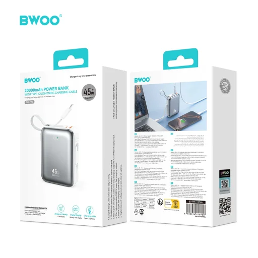 BWOO P78 20000mAh gyors töltésű power bank PD45W 2 kábellel Type C és Lightning ezüst - 3