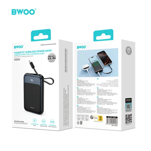 BWOO 10000 mAh 20W Power bank s USB-C káblom a displejom čierny - 2