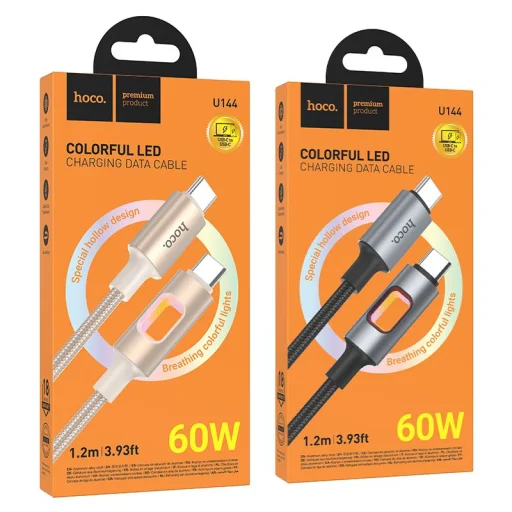 LED Kábel USB C na USB C Hoco 3A 60W 1,2 m U144 čierny - 7