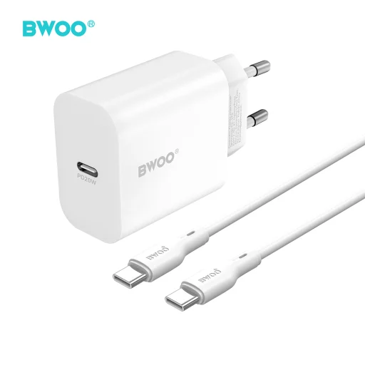 USB-C nabíjací adaptér BWOO CDA233 PD 20W s 1x USB-C káblom USB-C na USB-C biely - 1