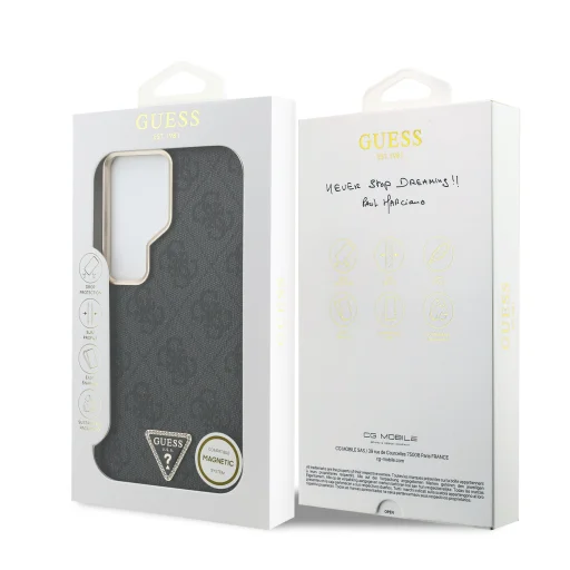  Samsung Galaxy S26 Ultra Fekete Guess PU Bőr 4G Strassz Háromszög Logó Arany Keret Mágneses Tok - 7