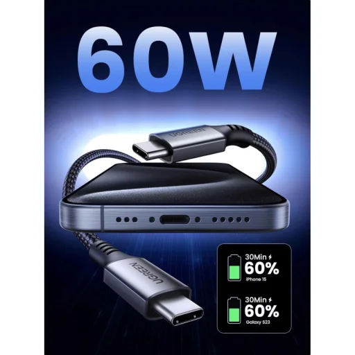 USB-C - USB-C Kábel UGREEN US567, 60W, 3A, 1m, Šedý - 4