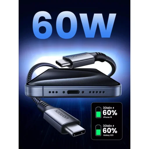 USB-C na USB-C kábel UGREEN US567, 60W, 3A, 2m, Sivá - 4