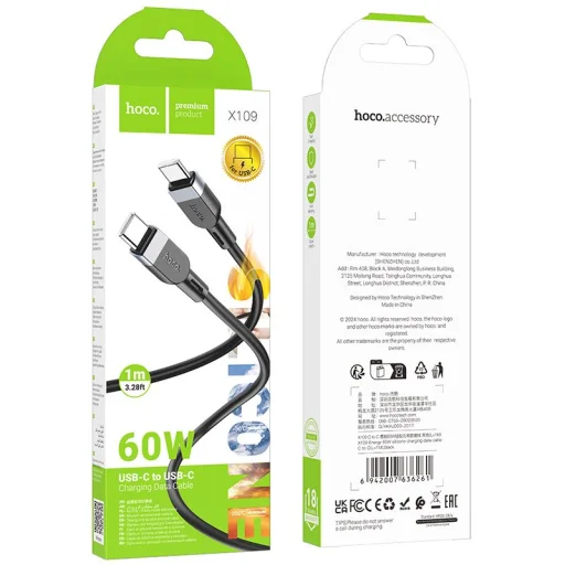 Silikónový kábel USB C - USB C Hoco 3A 60W 1 m X109 čierny - 5