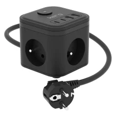 KERG Smart 2-zásuvková rozvodka s USB-A + USB-C nabíjačkou a LED svetlom, čierna