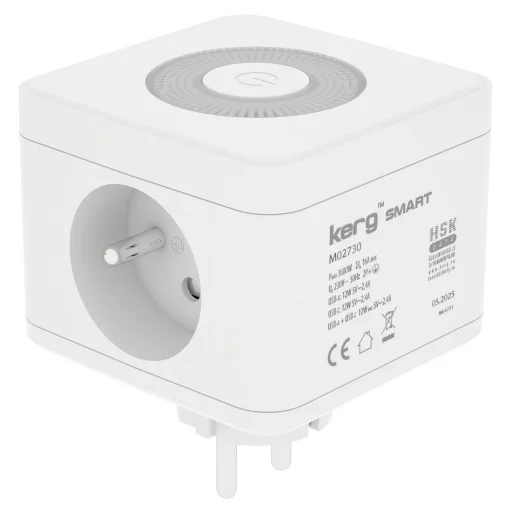 KERG Smart 2-zásuvková rozvodná kocka + USB-A + USB-C nabíjačka + LED svetlo 16A/250V~ biela - 2