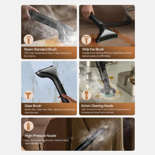 Deerma - Parný tepovač textilu (BY700 S) - 1700W, 100°C para, 13kPa sací výkon, 5 v 1 kefy - Čierna - 6