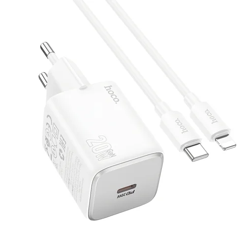 Hoco N40 nástenný sieťový USB-C nabíjací adaptér, 20W, 3A, 1 x USB-C, Lightning kábel, Biely - 1