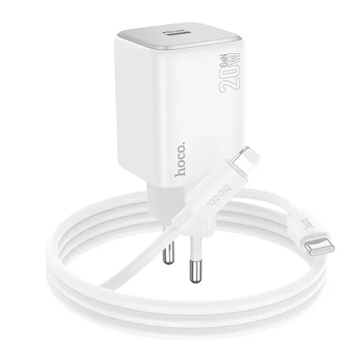 Hoco N40 nástenný sieťový USB-C nabíjací adaptér, 20W, 3A, 1 x USB-C, Lightning kábel, Biely - 2