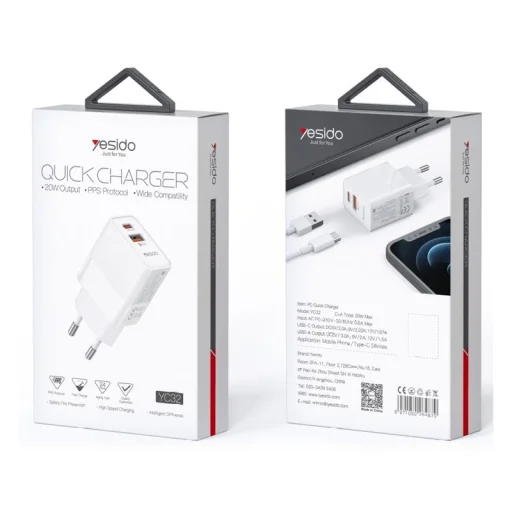 YESIDO sieťová nabíjačka YC32 PD 20W QC3.0 USB-A+C biela - 1