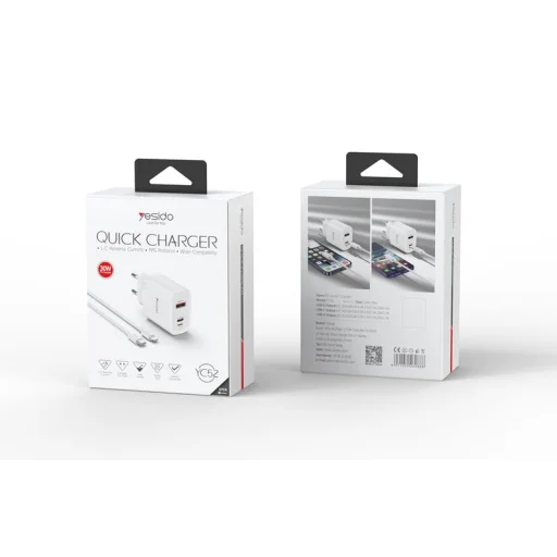 YESIDO YC52 PD 30W QC USB-A/C/LIGHTNING sieťová nabíjačka + TYPE-C/LIGHTNING kábel 27W 1M biela - 1