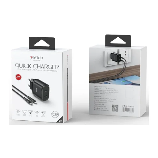 YESIDO SIEŤOVÁ NABÍJAČKA YC54 PD 20W QC 2xUSB-C + TYPE-C/LIGHTNING KÁBEL 27W 1M ČIERNA - 1