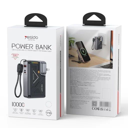Yesido - Powerbank (YP89) - Magnetická, Rýchle nabíjanie, USB, Lightning, Type-C, Zabudovaný stojan, LED svetlá, 10000mAh, 22.5W - Sivá - 7