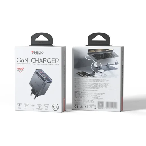 Yesido - Sieťová nabíjačka (YC101) - USB, 2x Type-C, GaN, Rýchle nabíjanie, 65W, 5V/3A, CE, FCC, ROHS, VO - Čierna - 7