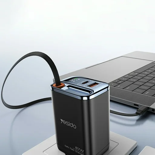 Yesido - Sieťová nabíjačka (YC100) - USB, Type-C, GaN, Rýchle nabíjanie, Digitálny displej, 67W, Zasúvací Type-C kábel, 65cm - Čierna - 6