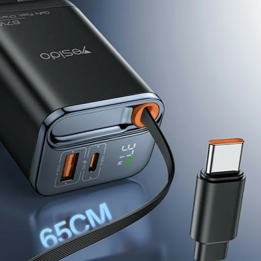 Yesido - Sieťová nabíjačka (YC100) - USB, Type-C, GaN, Rýchle nabíjanie, Digitálny displej, 67W, Zasúvací Type-C kábel, 65cm - Čierna - 3