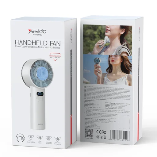 Yesido - Ručný ventilátor (YF18) - s LCD displejom, 12W bezkefový motor, 5500 ot./min, 100 rýchlostí, 3600 mAh, Type-C - čierny - 7