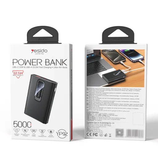 Yesido - Power Bank (YP92) - Magnetické bezdrôtové rýchlonabíjanie, USB, Type-C, digitálny displej, štýlový, 10000mAh, 22.5W - sivá - 7