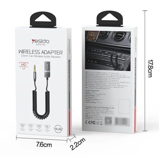 Yesido - Audio kábel (YAU82) - Bluetooth adaptér do auta, z USB na Jack 3,5 mm, špirálový dizajn, nylonové opletenie, 1,4 m - čierny - 7