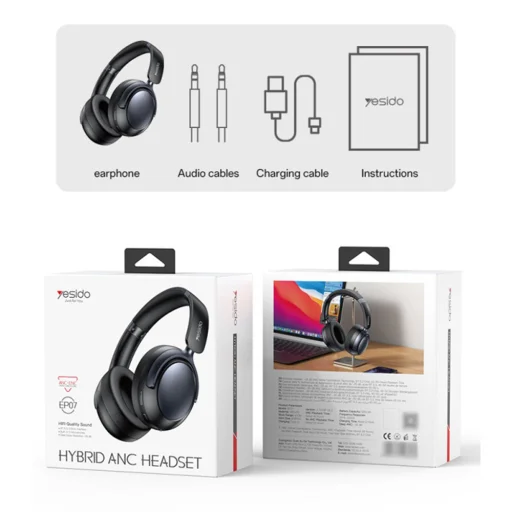 Yesido - Bezdrôtové slúchadlá (EP07) - Bluetooth V5.3, Hybridné potlačenie hluku, ENC, 500mAh - Čierna - 7