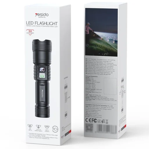 Yesido - Baterka (TC11) - Teleskopický zoom, Biela laserová LED, 3 režimy, Nabíjateľná, Digitálny displej, 3W, 1200mAh - Čierna - 7