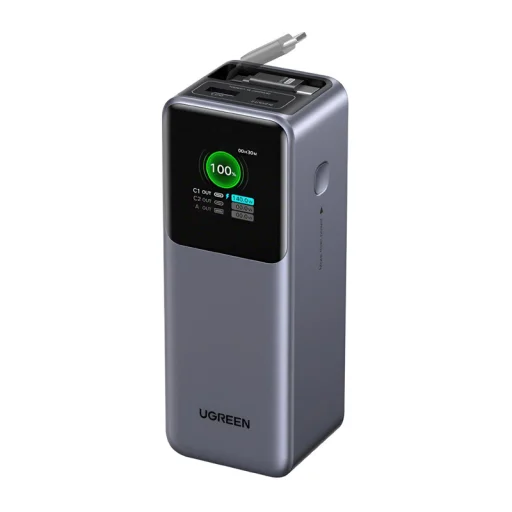 Powerbanka 20000mAh Ugreen PB726 USB + USB-C, 165W, vstavaný kábel (sivá) - 1