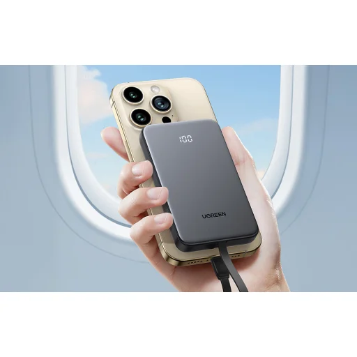 Powerbanka 10000mAh Ugreen PB526 USB + USB-C, 20W, vstavaný kábel (sivá) - 3