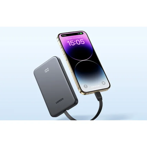 Powerbanka 10000mAh Ugreen PB526 USB + USB-C, 20W, vstavaný kábel (sivá) - 4