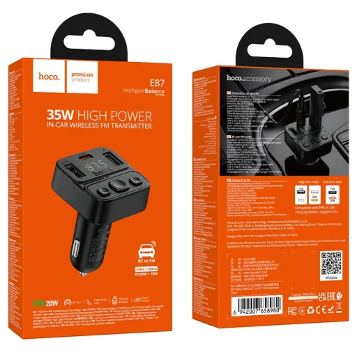 Hoco E87 bluetooth autós adó USB A + USB C QC PD 35W fekete - 9